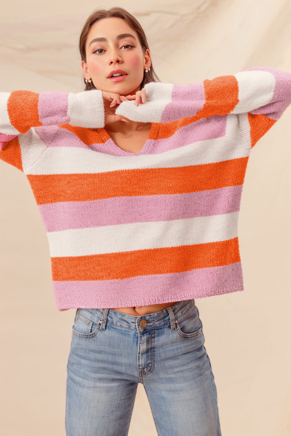 Orange Casual Stripe V Neck Side Slit Sweater