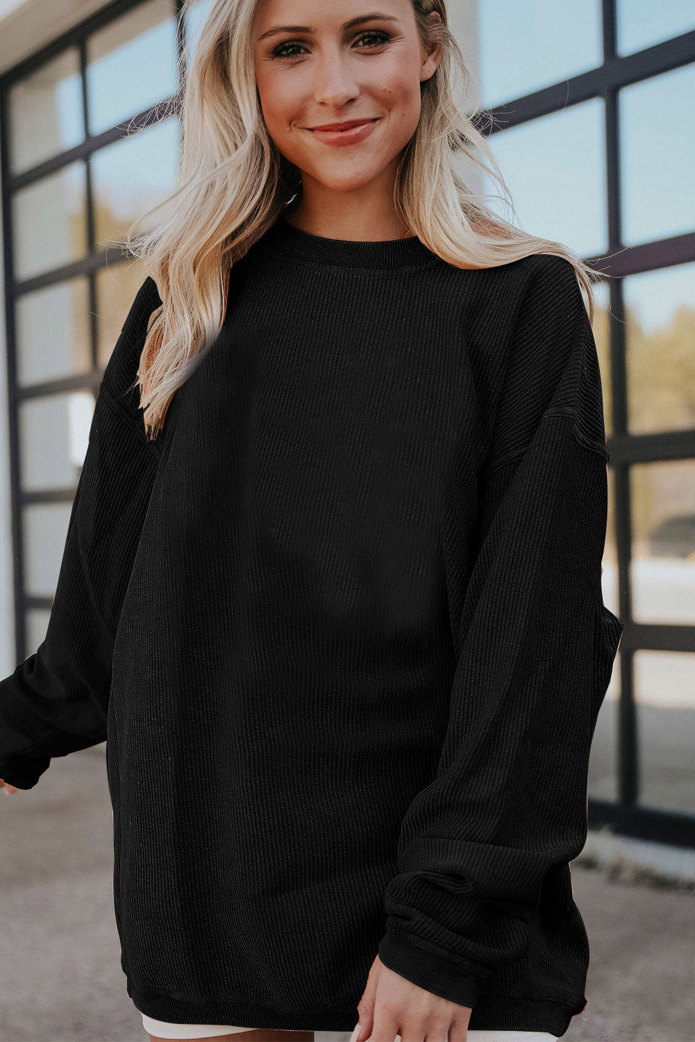 Apricot Drop Shoulder Crinkle Rib Oversized Sweatshirt