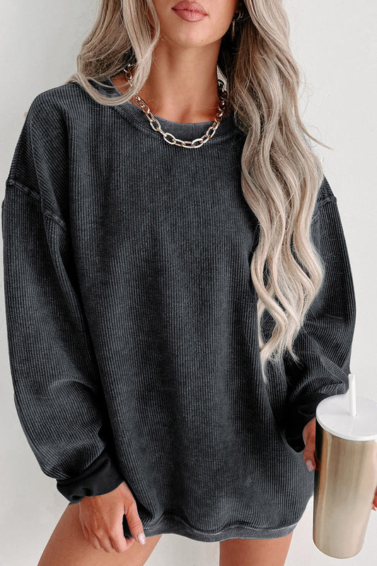 Green Ribbed Round Neck Drop Sleeve Pullover Sweatshirt