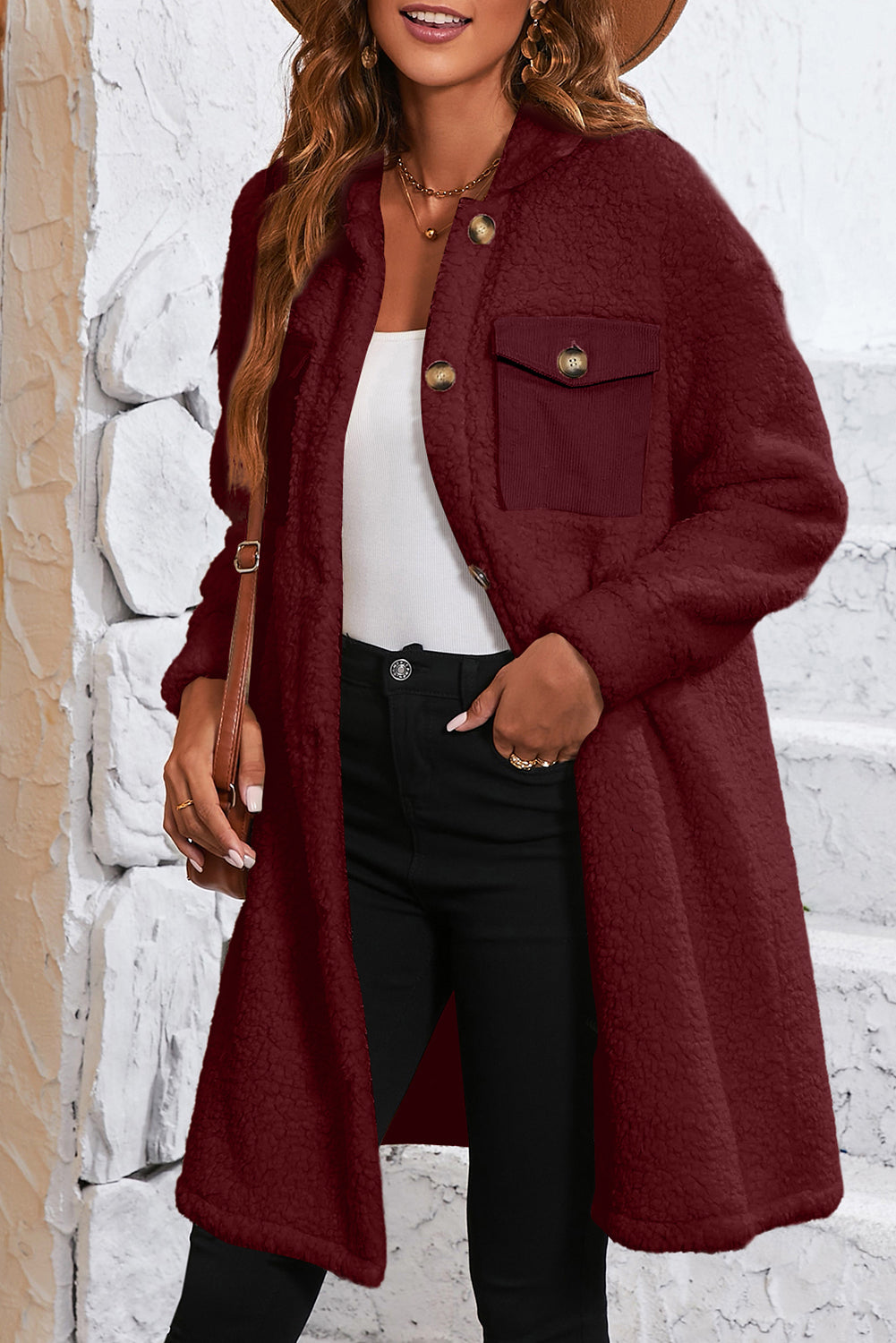 Racing Red Contrast Flap Pocket Single Breasted Teddy Coat