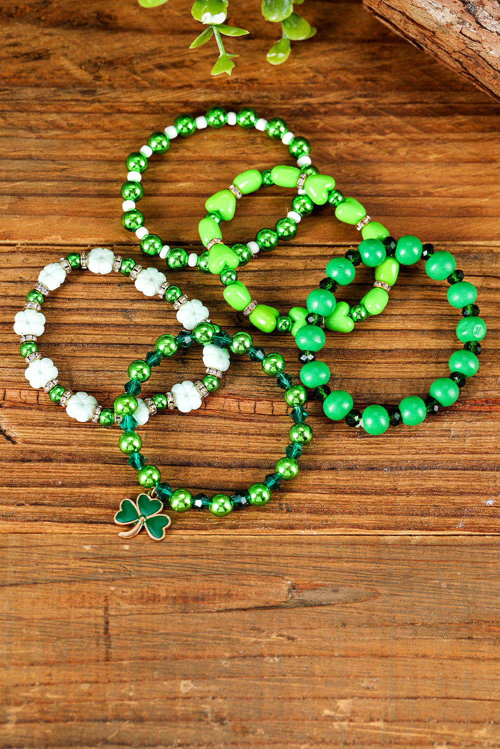 Green St Patricks Day 5pcs Clover Pendant Beaded Bracelet Set