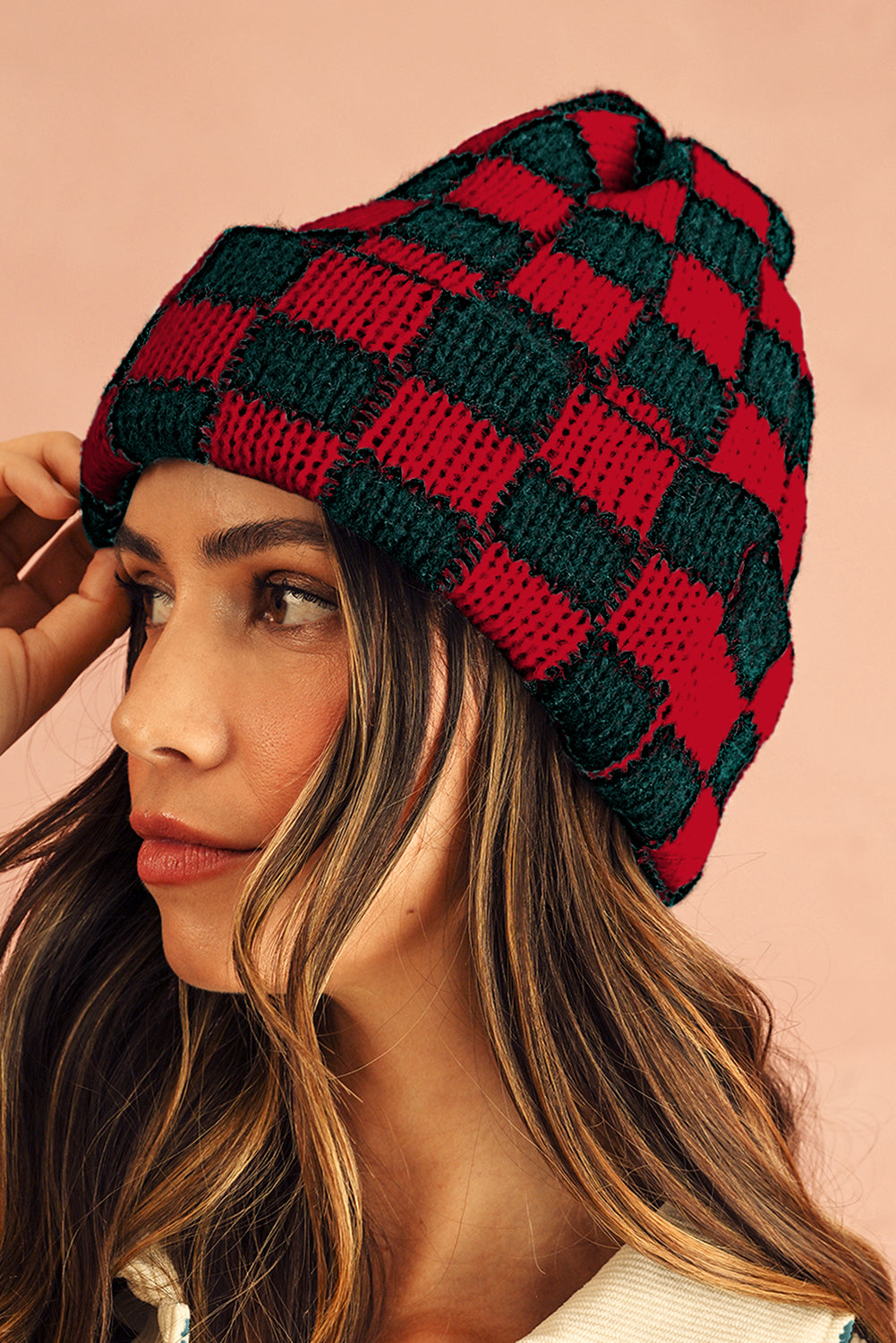 Racing Red Two Tone Checkered Folded Eaveless Beanie Cap