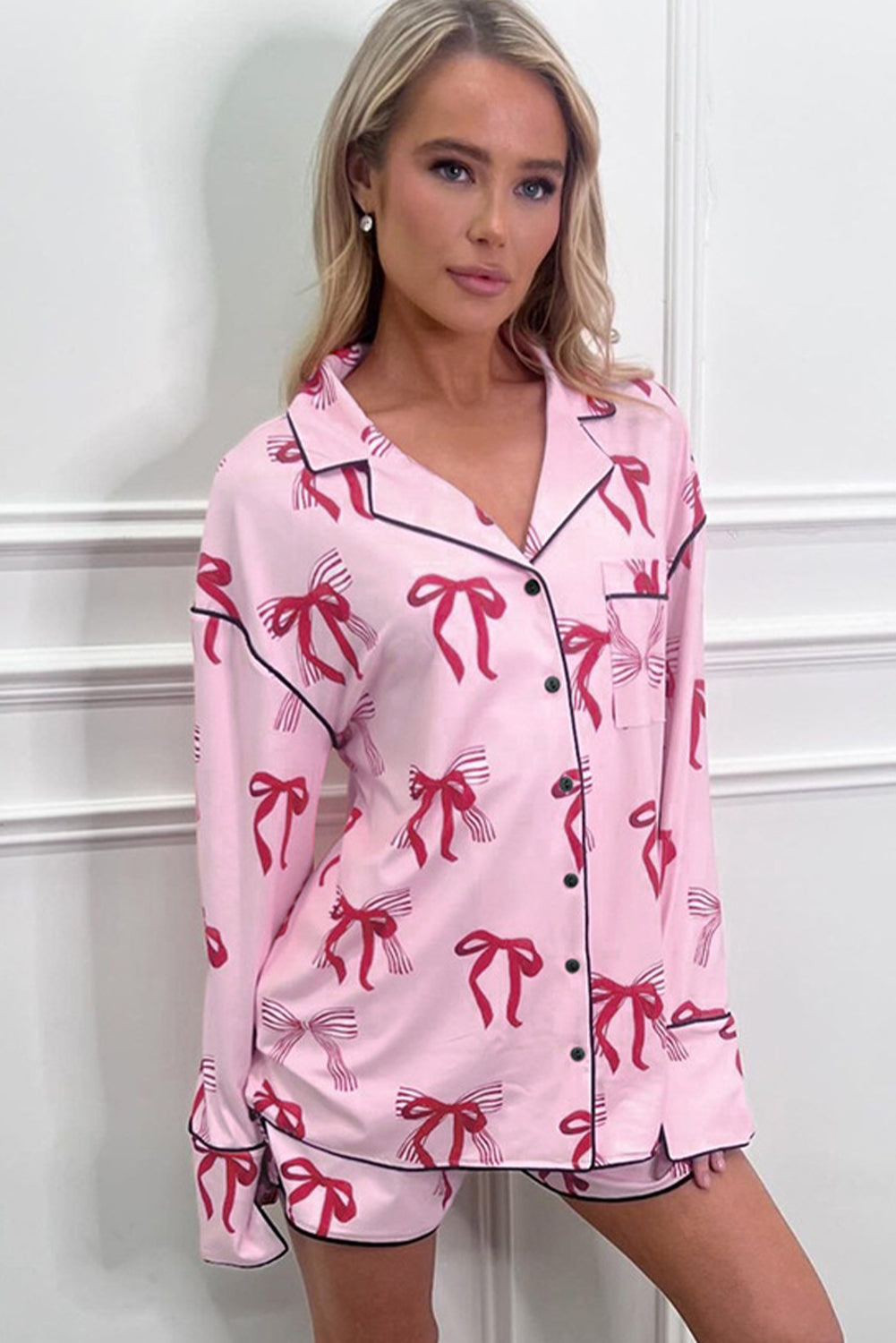 Pink Bowknot Print Long Sleeve Two Piece Pajama Set