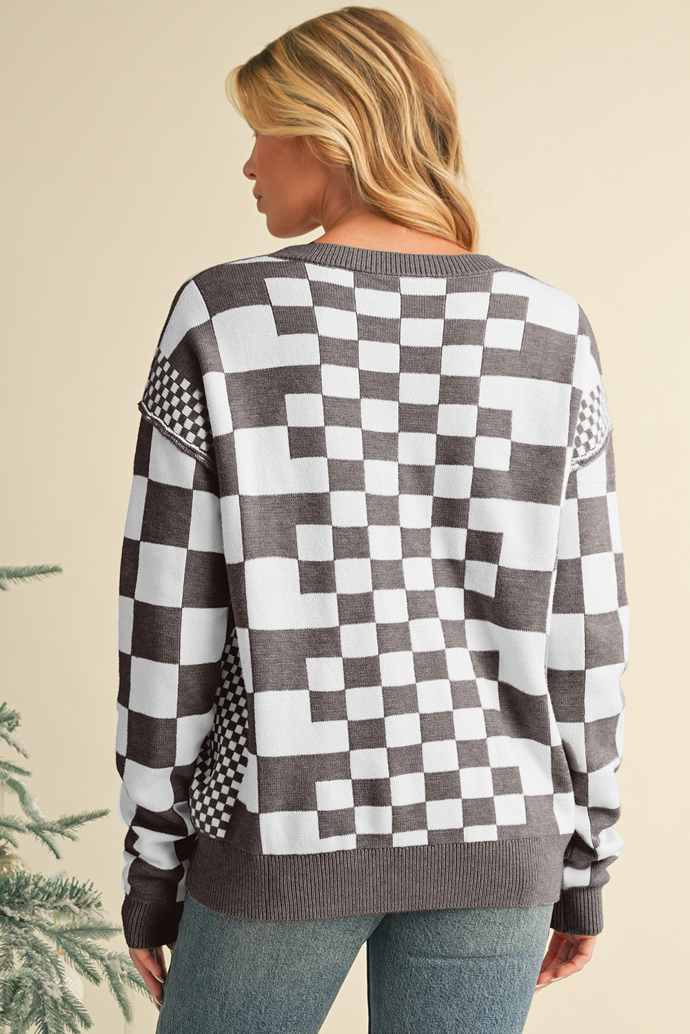 Black Checkered Drop Shoulder Round Neck Sweater