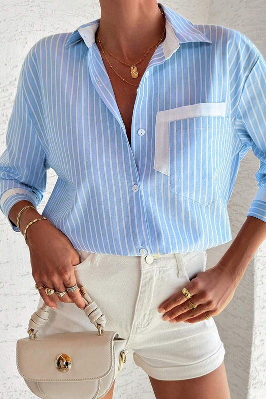 Sky Blue Stripe Contrast Patch Pocket Casual Shirt