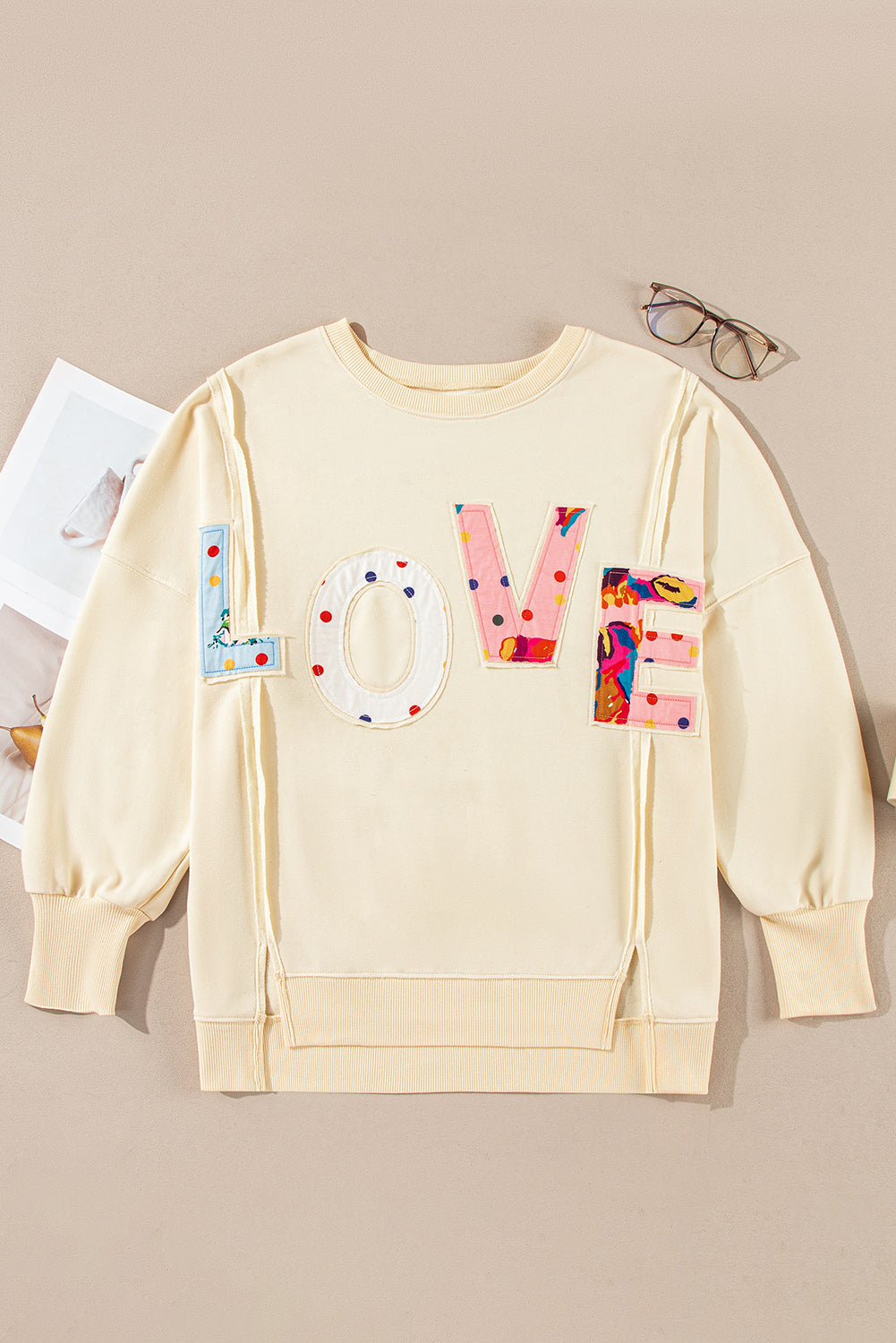 Apricot LOVE Side Slits Crew Neck Oversized Sweatshirt