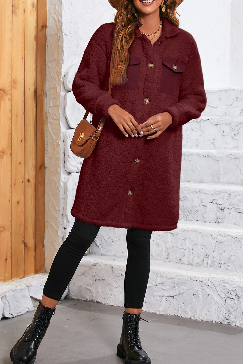 Racing Red Contrast Flap Pocket Single Breasted Teddy Coat