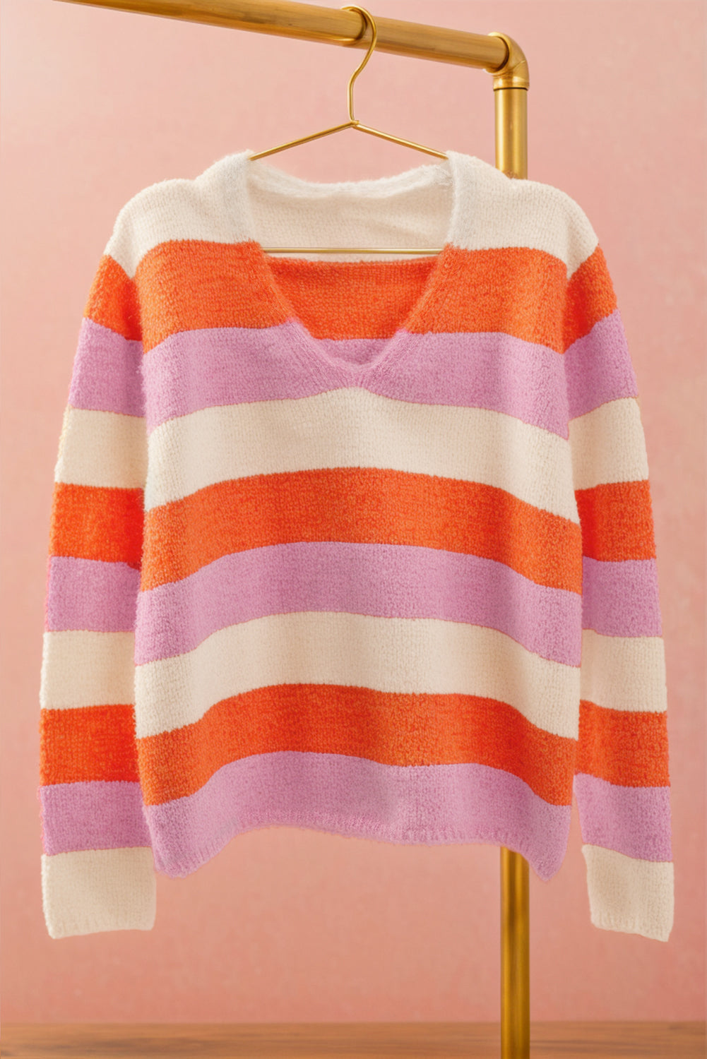 Orange Casual Stripe V Neck Side Slit Sweater