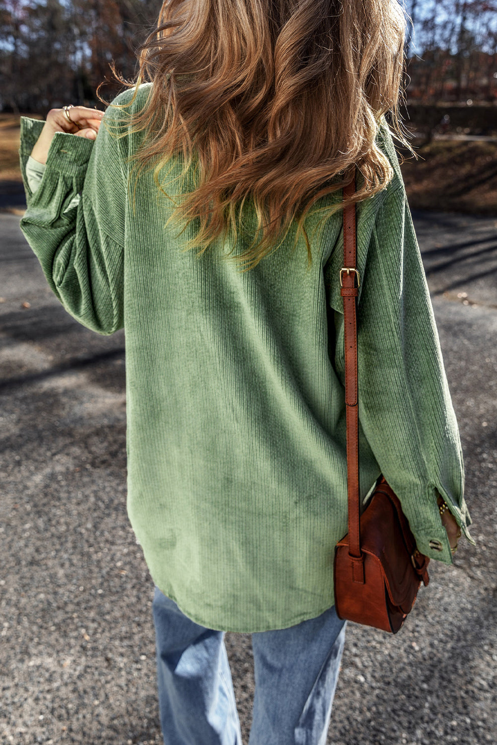 Mist Green Patched Pocket Button-Up Corduroy Shacket