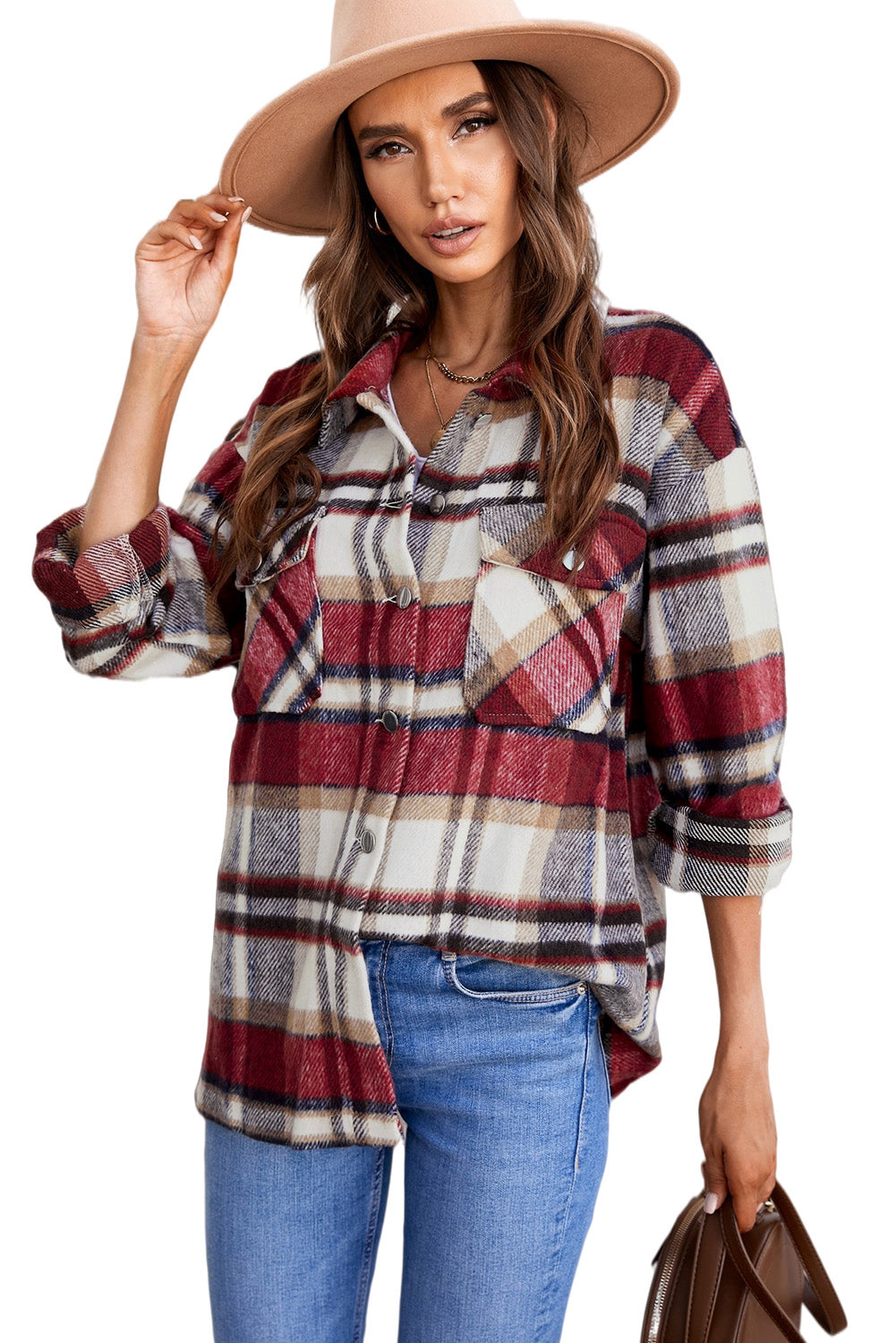 Red Plaid Button Front Pocket Shirt Shacket