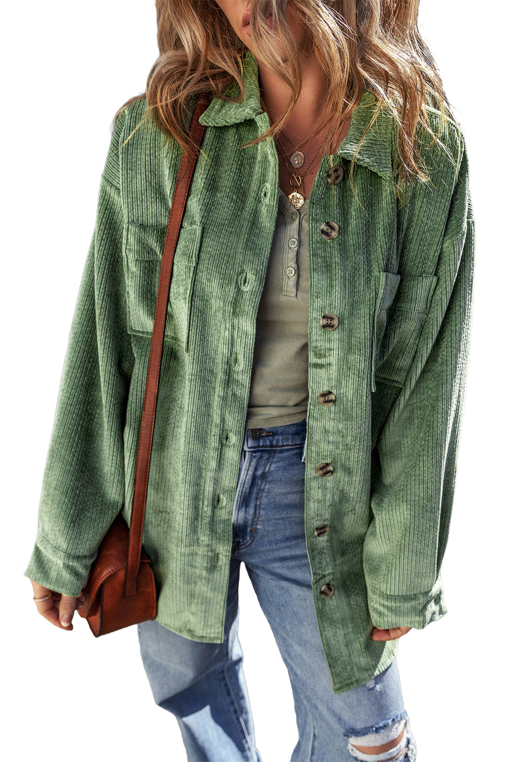 Mist Green Patched Pocket Button-Up Corduroy Shacket