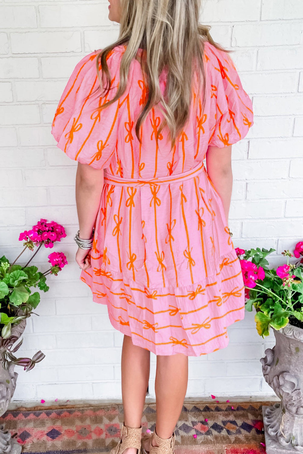 Pink Bowknot Striped Printed Bubble Sleeve Buttoned Belted Mini Dress