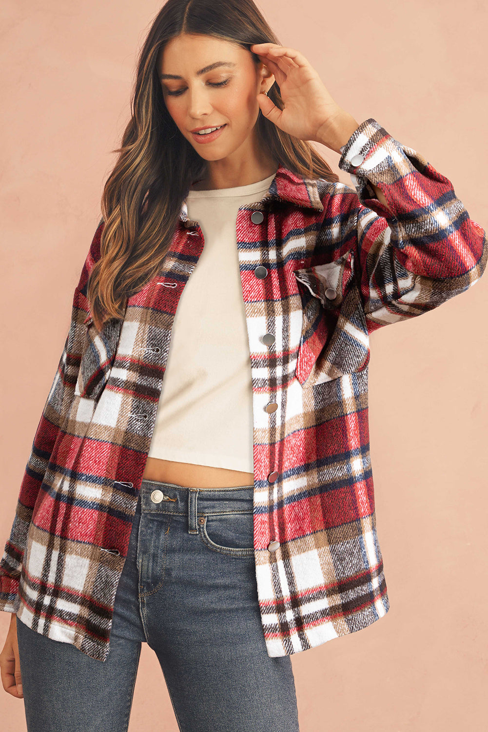 Red Plaid Button Front Pocket Shirt Shacket