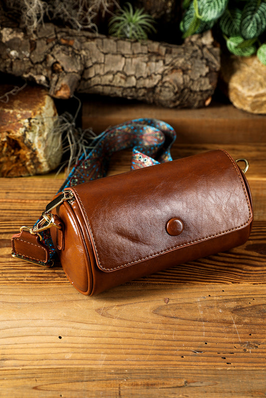 Chestnut PU Leather Vintage Cylinder Crossbody Bag