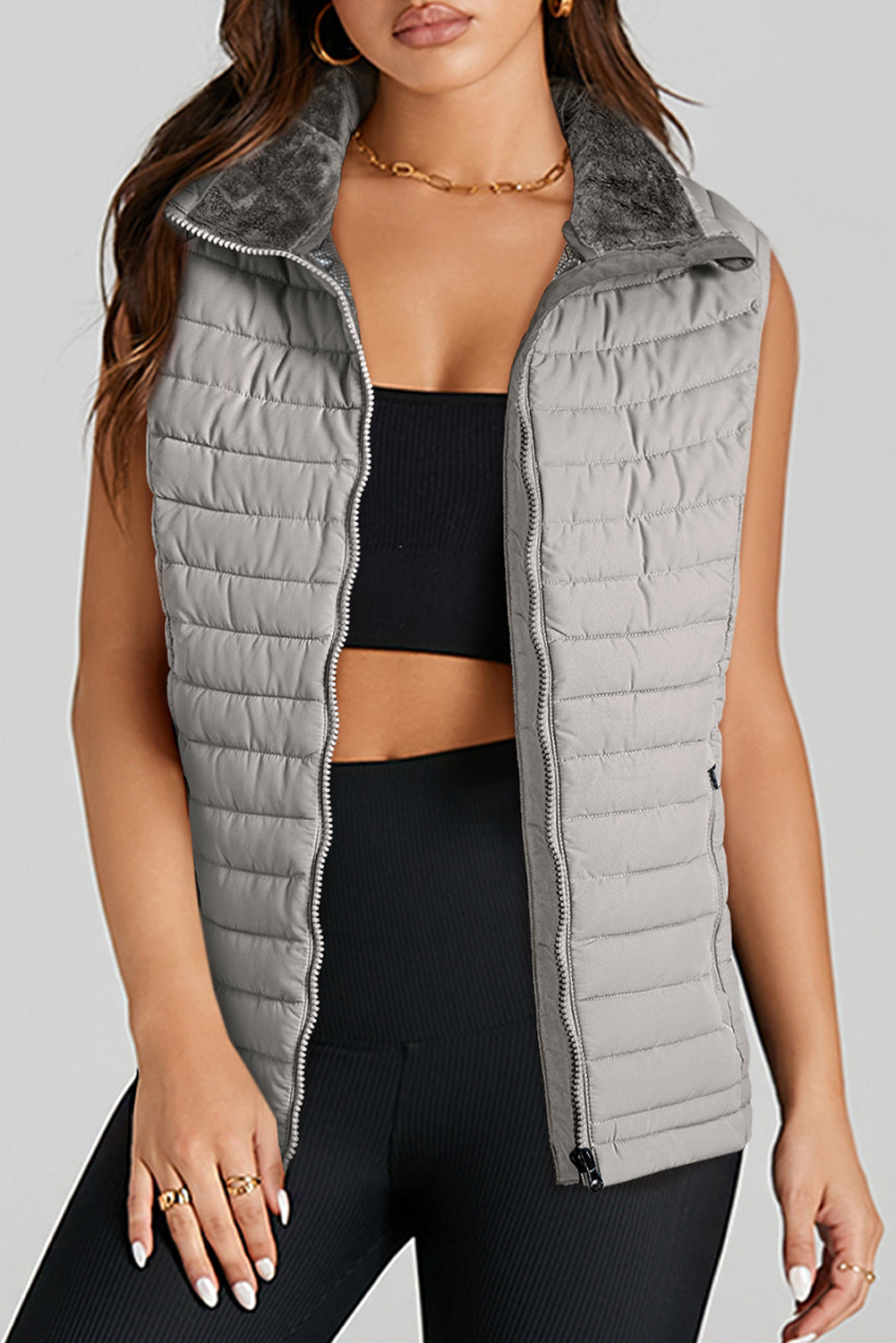 Burgundy Plush Collared Quilted Zipped Puffer Vest