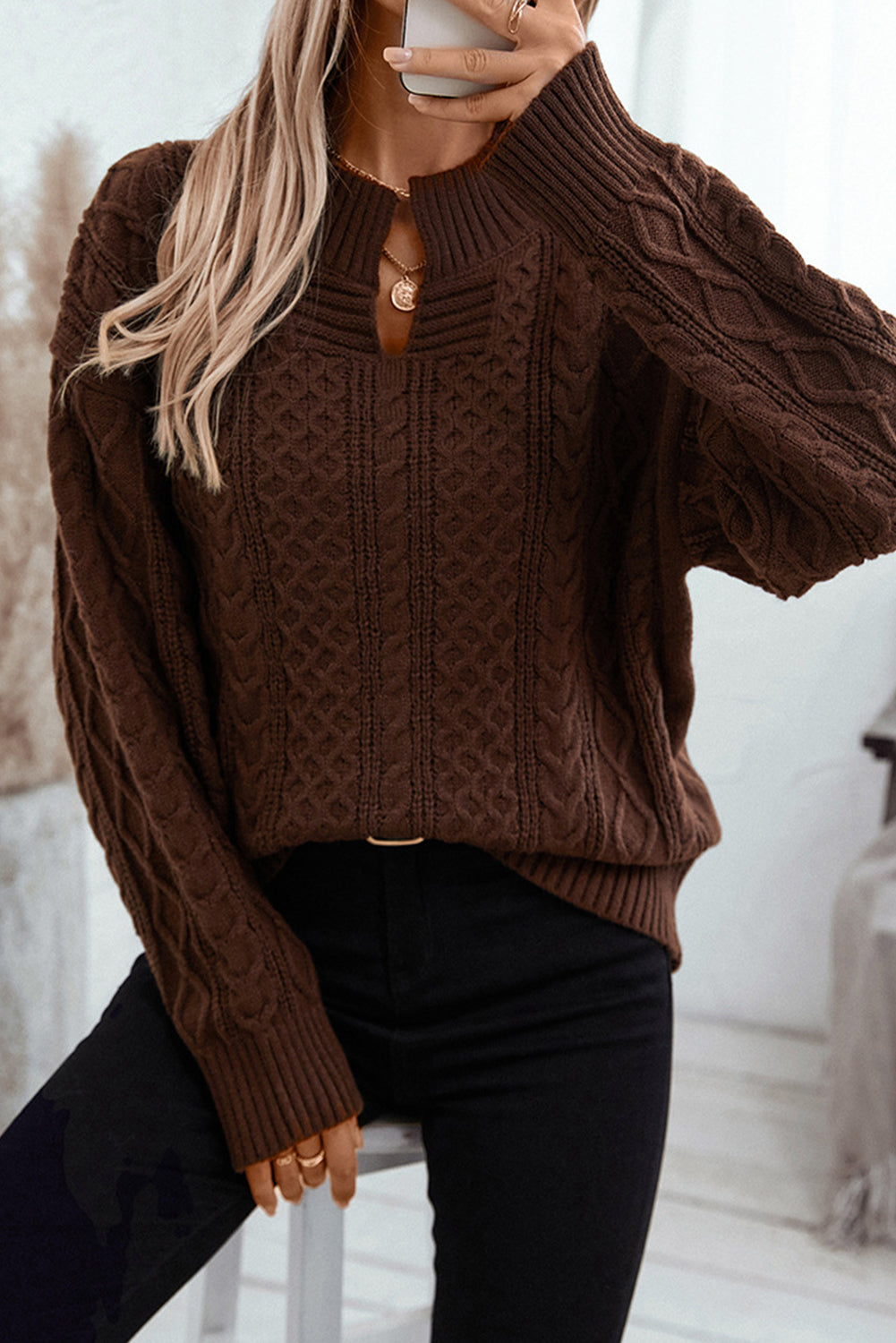 Coffee Twisted V-Neck Loose Casual Knit Sweater