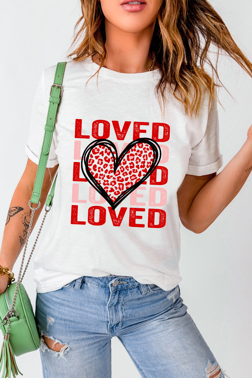 White Leopard Heart LOVE Printed Valentines Tee