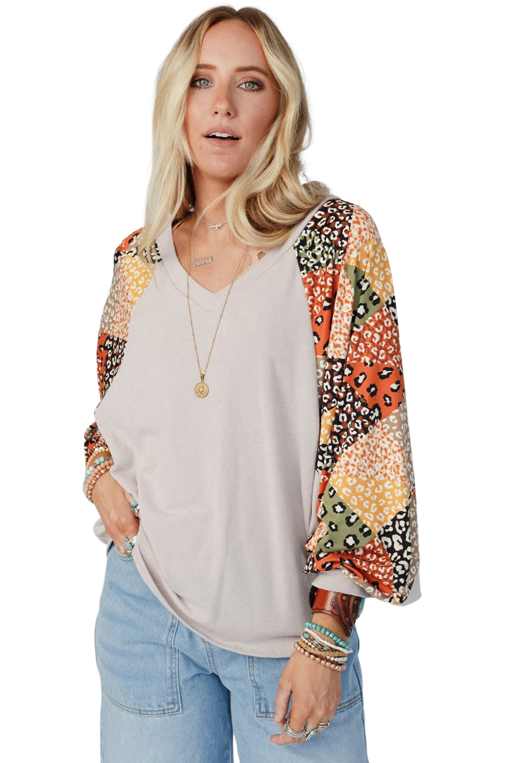 Parchment Leopard Patchwork Lantern Sleeve V Neck Loose Top