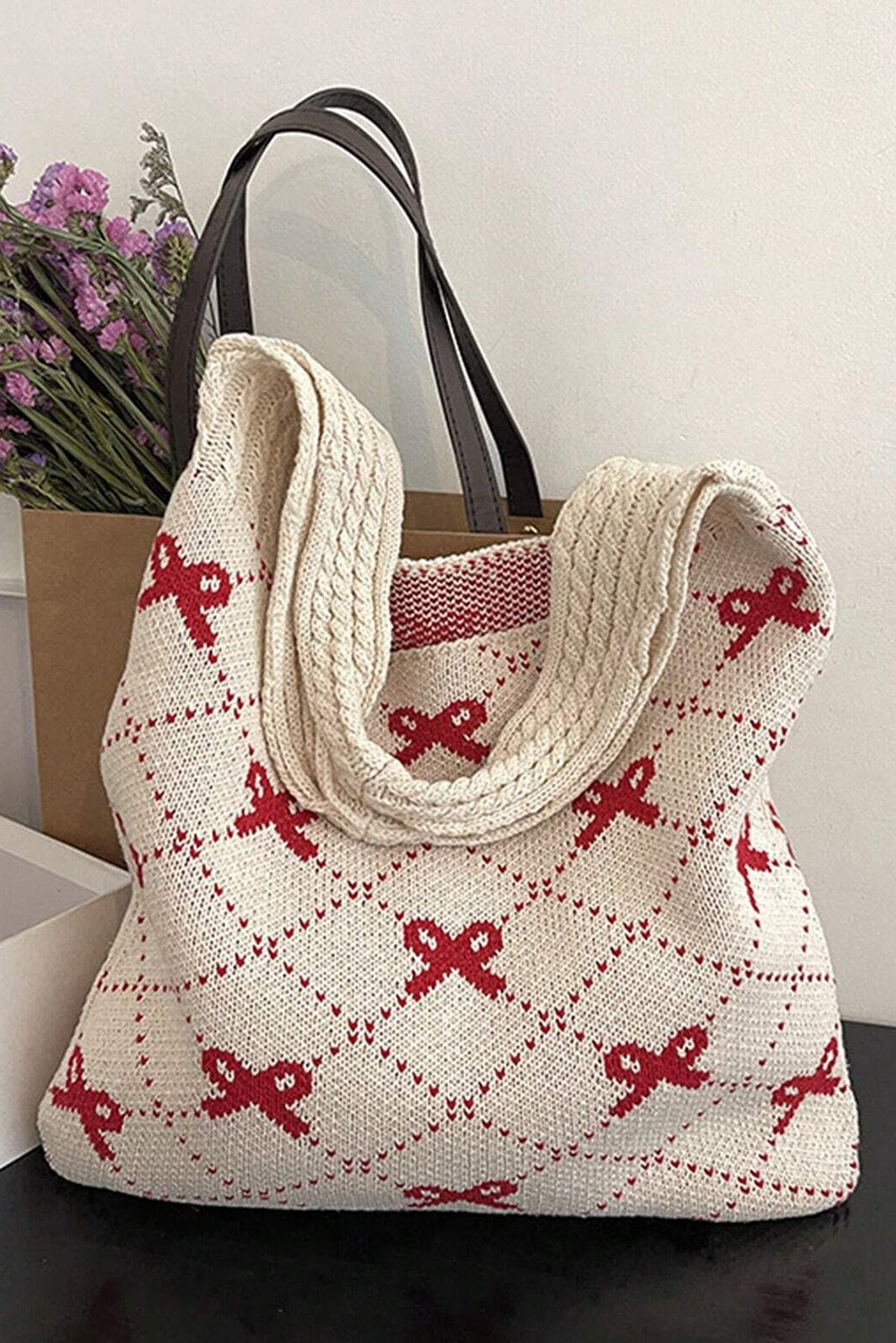 Fiery Red Bow Argyle Pattern Cable Knit Tote Bag