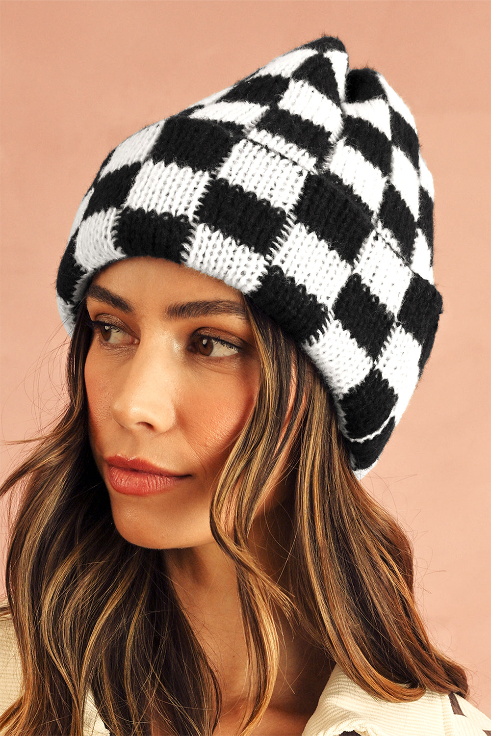 Racing Red Two Tone Checkered Folded Eaveless Beanie Cap