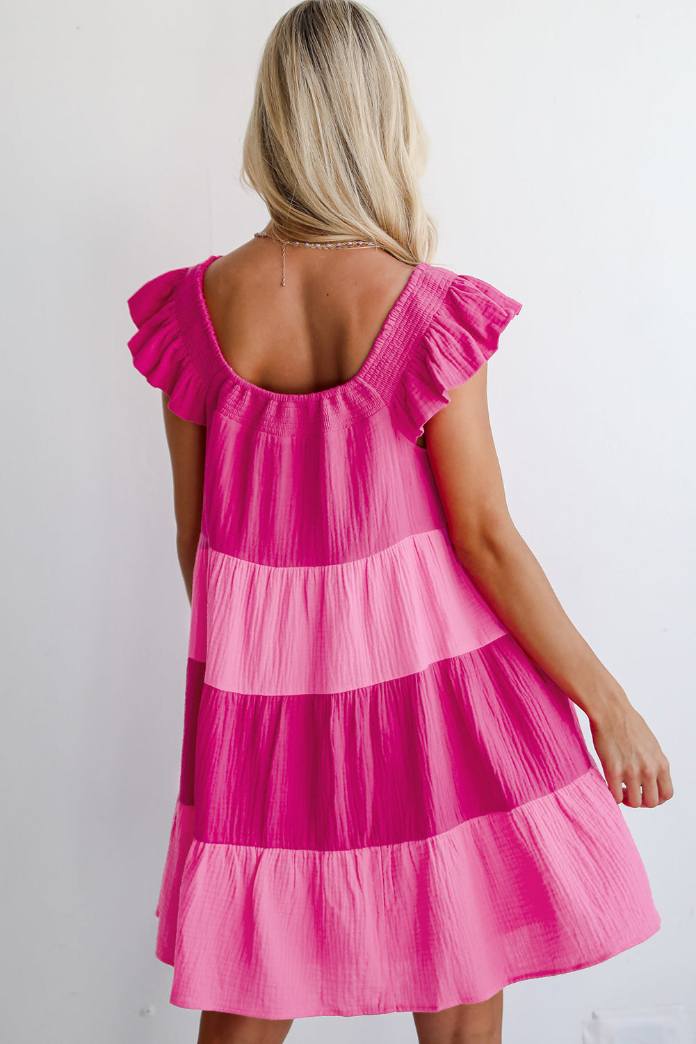 Pink Crinkled Colorblock Patchwork Tiered Mini Dress