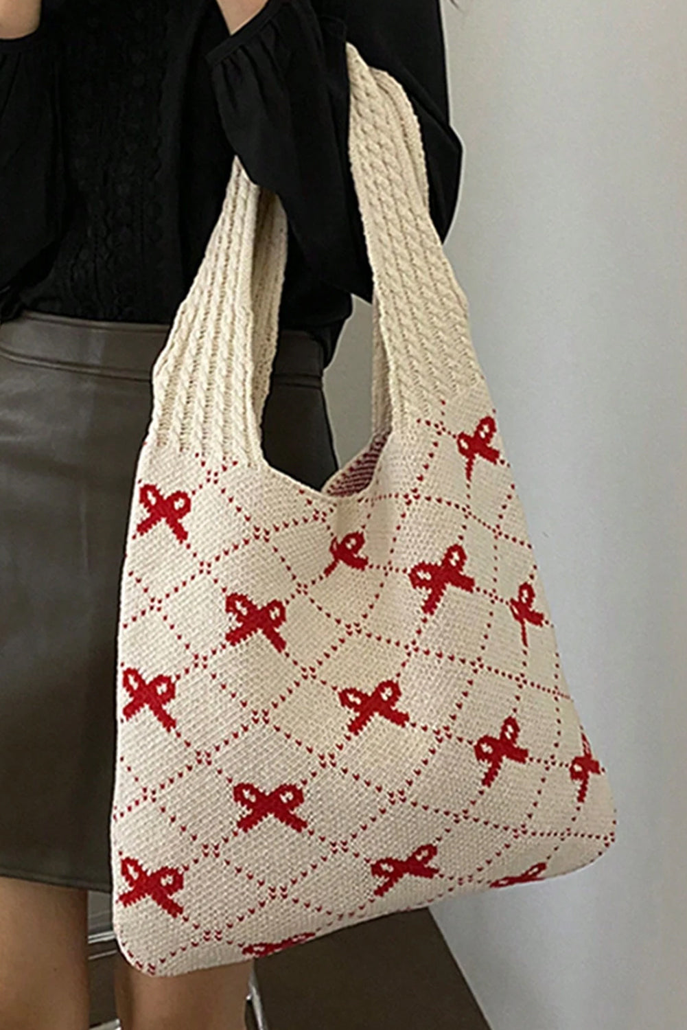 Fiery Red Bow Argyle Pattern Cable Knit Tote Bag