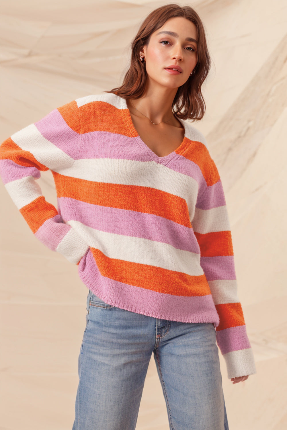 Orange Casual Stripe V Neck Side Slit Sweater