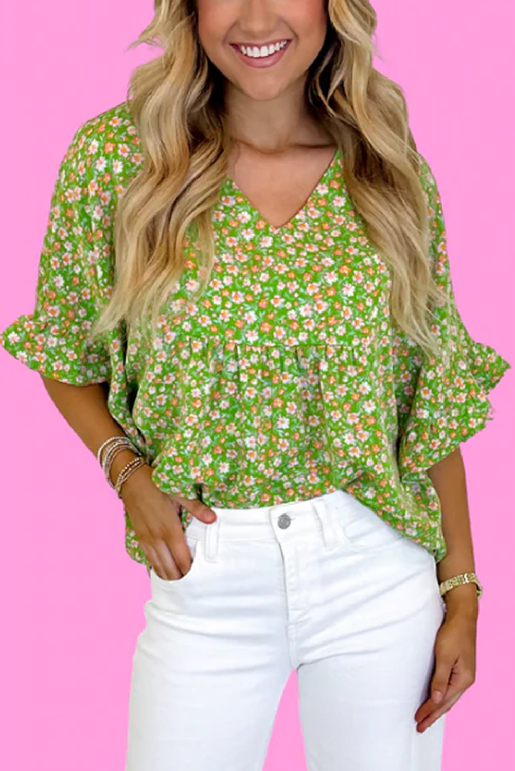 Green Floral Print Ruffle Sleeve V Neck Pleated Blouse