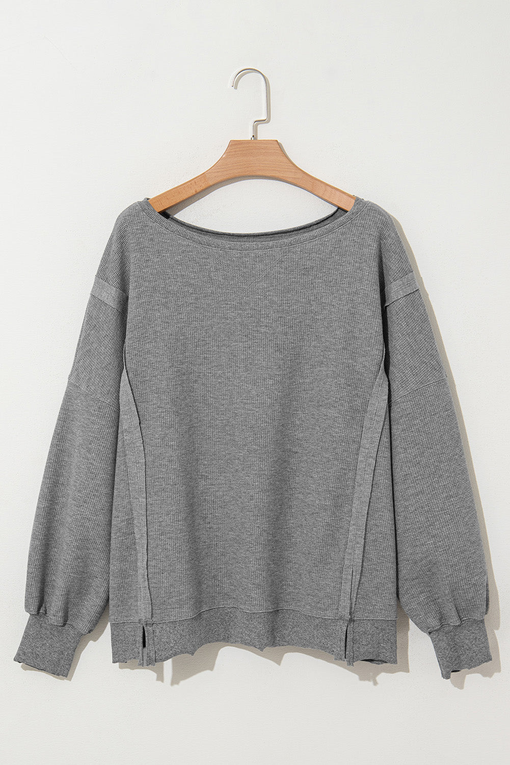 Gray Knit Bishop Sleeve Split Oversized Sweatshirt