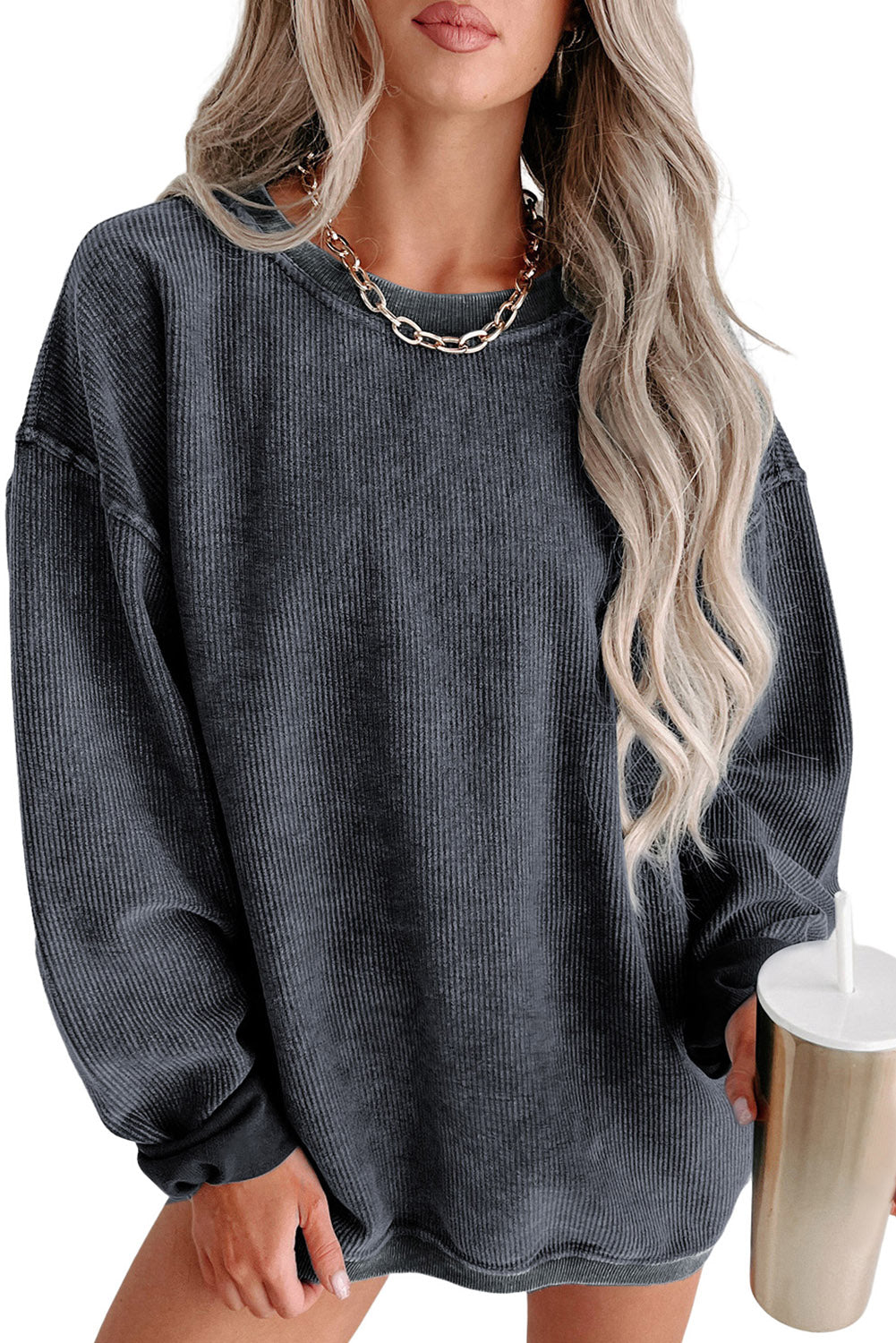 Green Ribbed Round Neck Drop Sleeve Pullover Sweatshirt