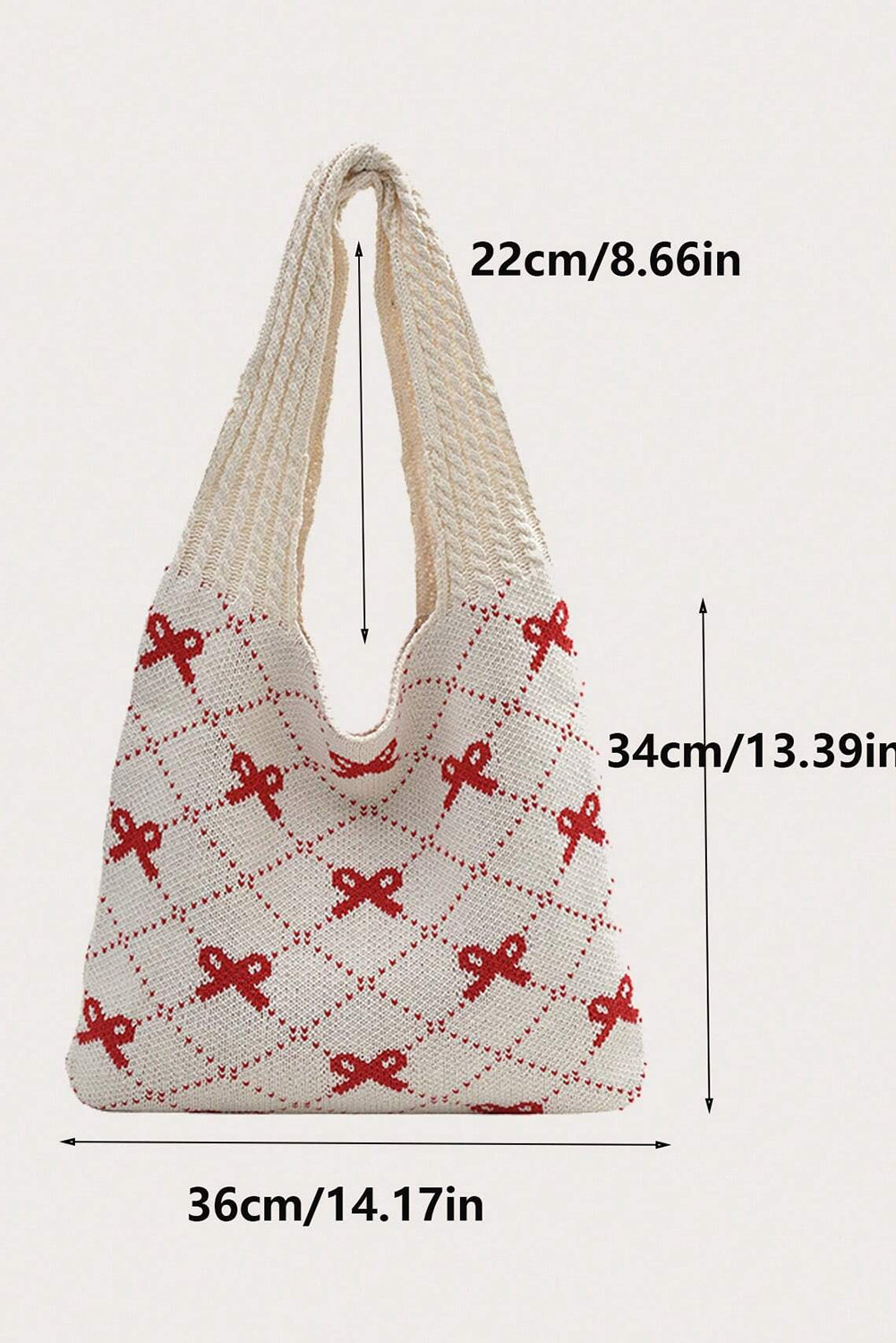 Fiery Red Bow Argyle Pattern Cable Knit Tote Bag