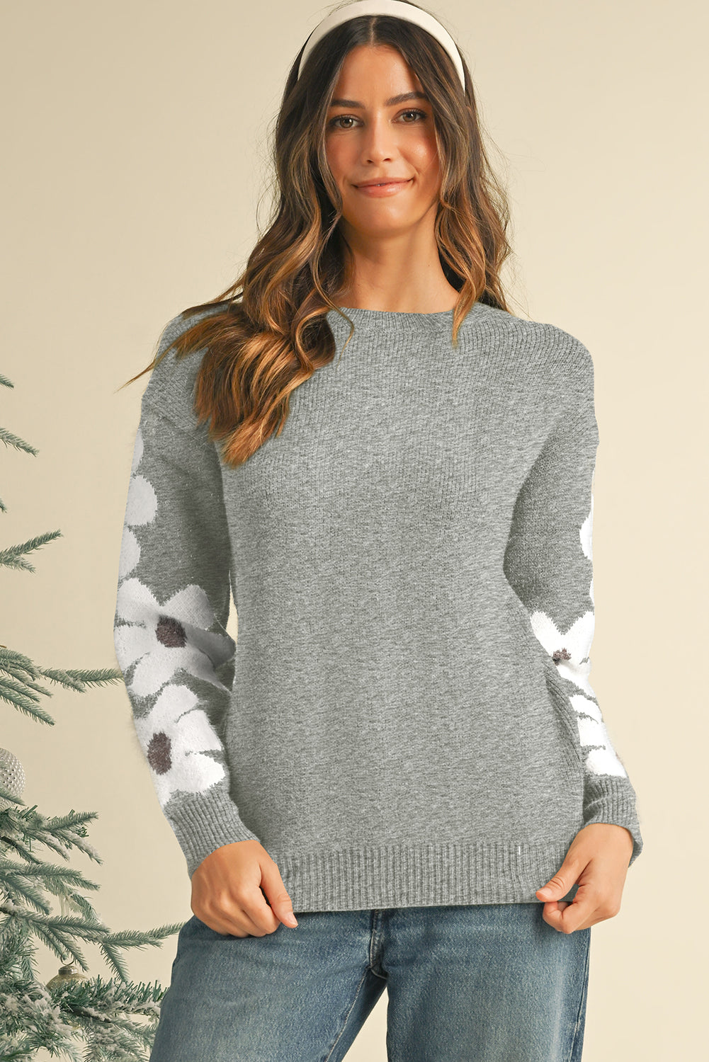 Light Grey Flower Sleeve Drop Shoulder Sweater