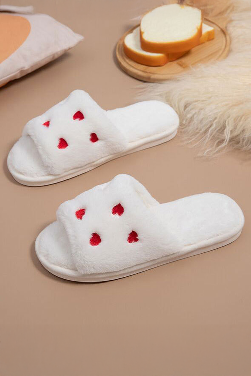 White Valentines Heart Pattern Open Toe Soft Fluffy Slippers