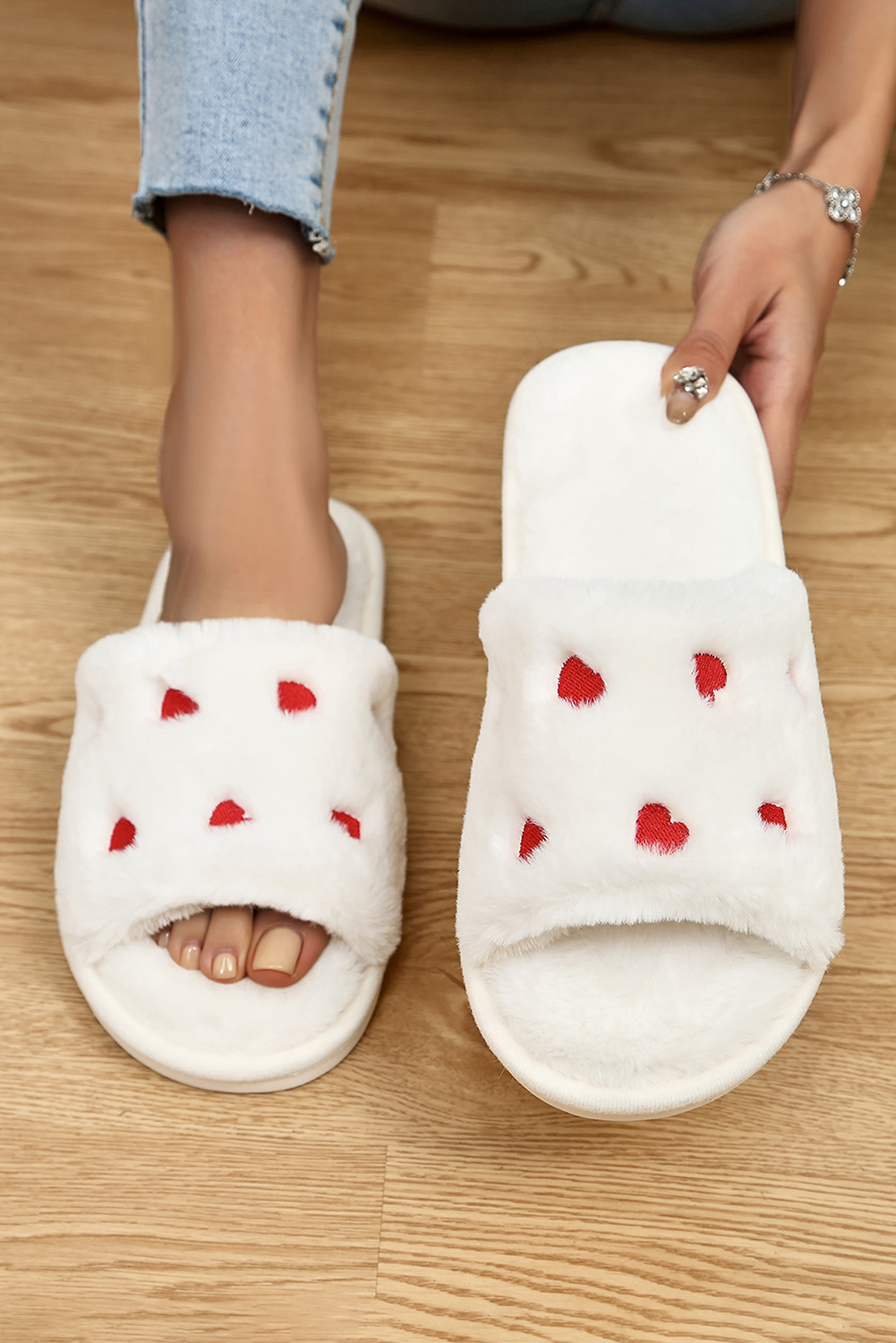 White Valentines Heart Pattern Open Toe Soft Fluffy Slippers