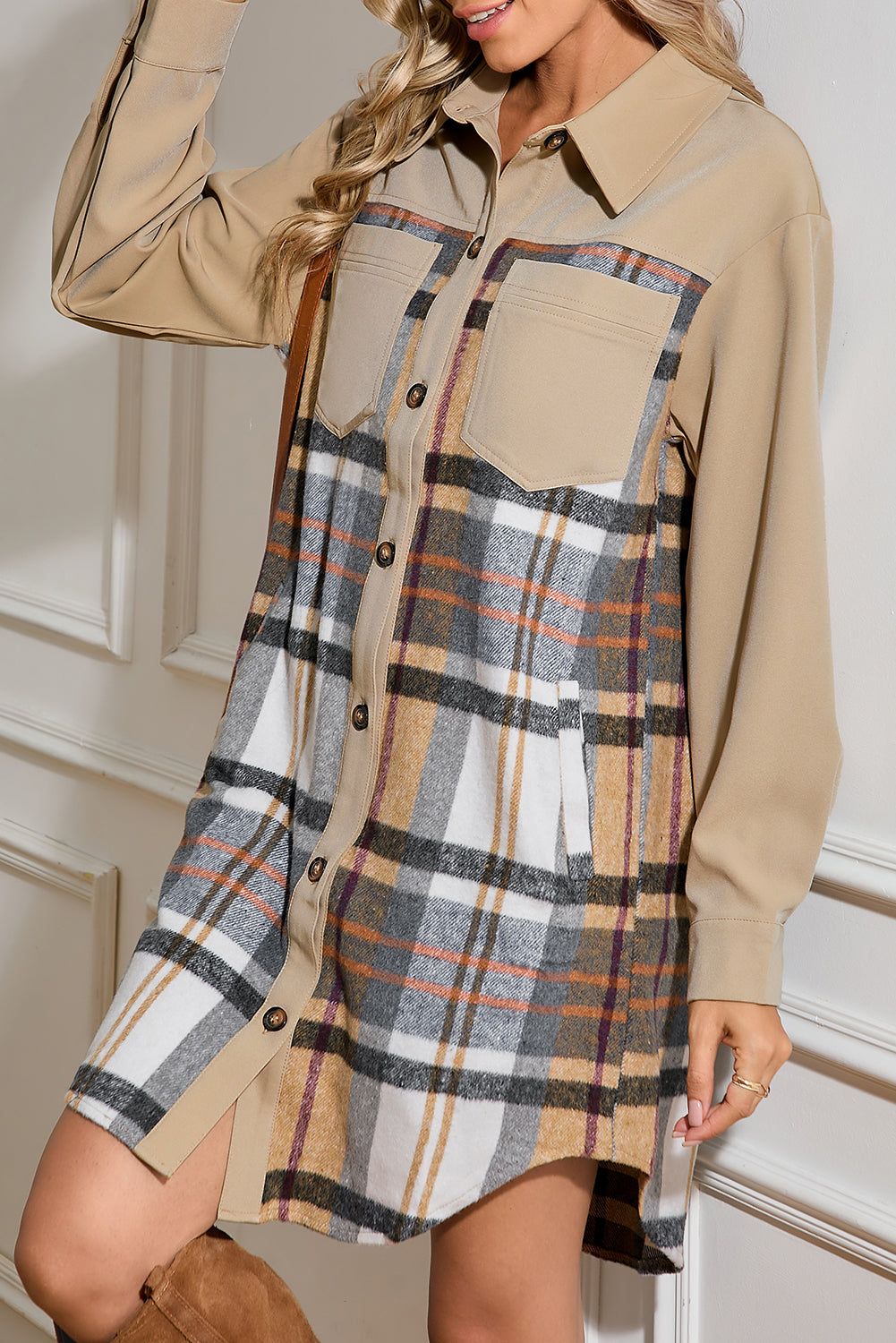 Khaki Plaid Patchwork Long Sleeve Jacket