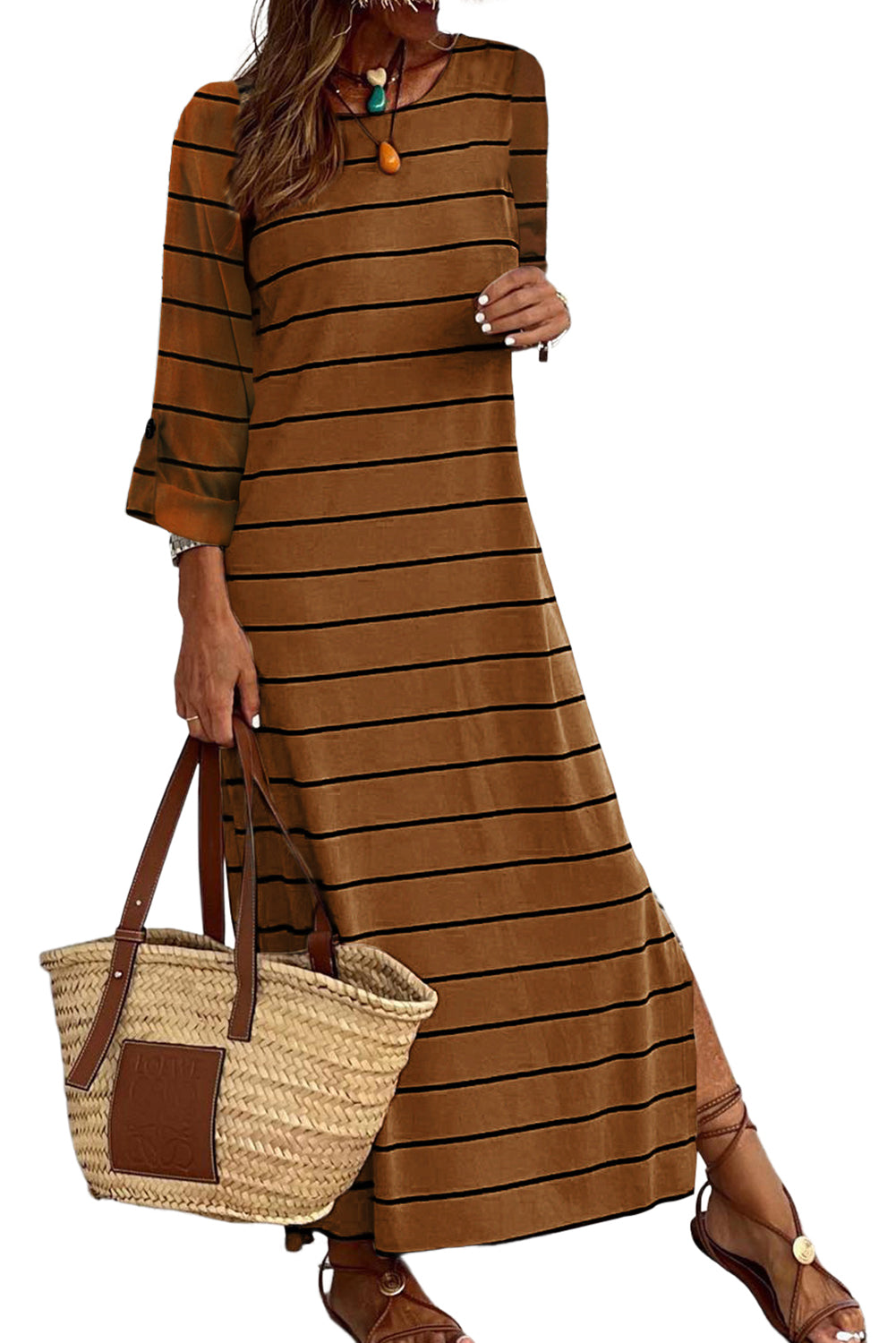 Black Striped Casual Slit High Waist Midi Dress