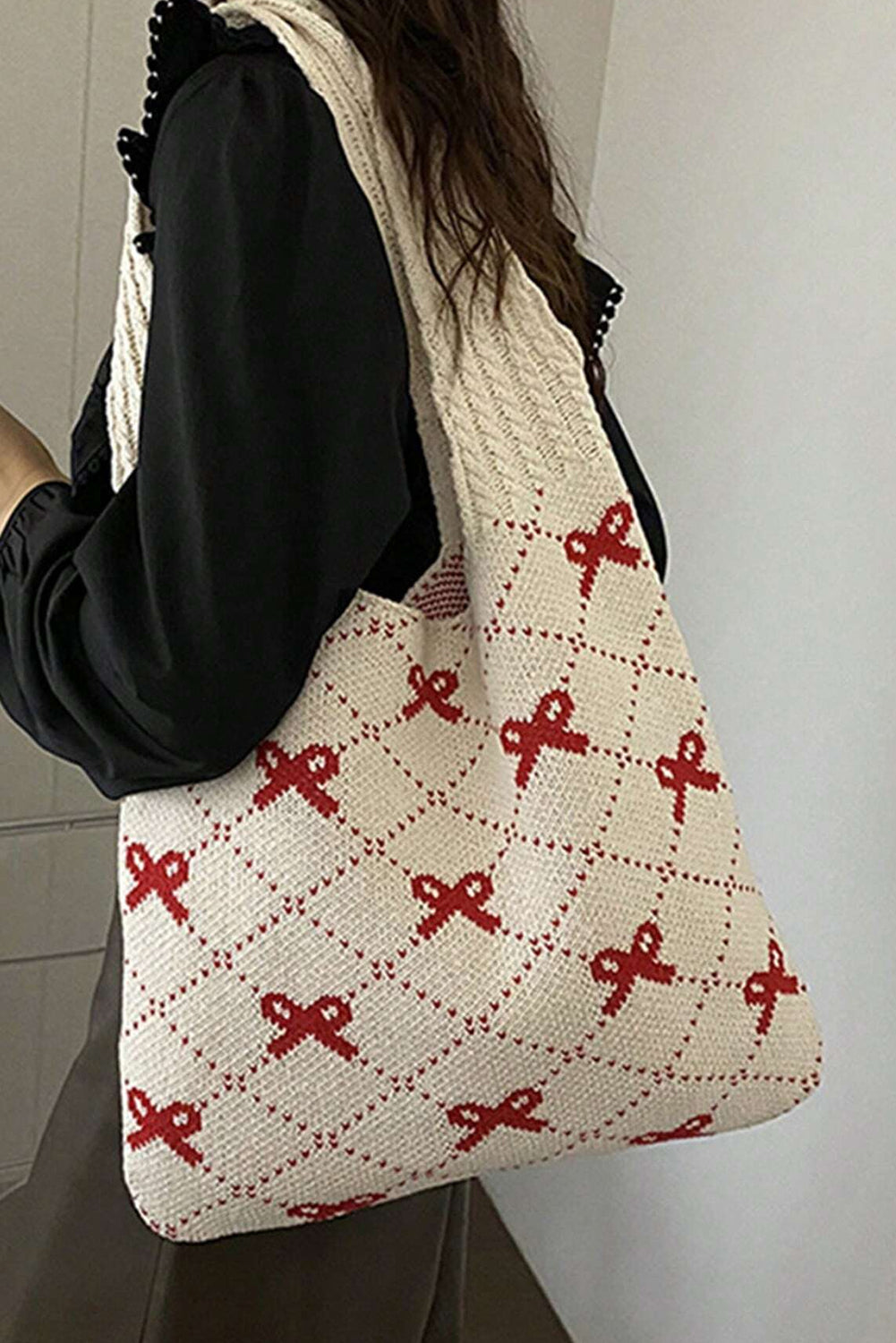 Fiery Red Bow Argyle Pattern Cable Knit Tote Bag